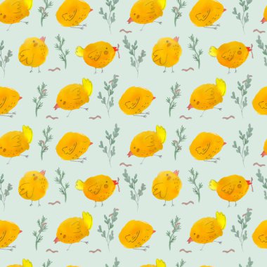 Yeşil arka planda yeşil dalları olan tavukların kusursuz çizimi. Suluboya vektör çizimi. Paskalya. Arkaplan.