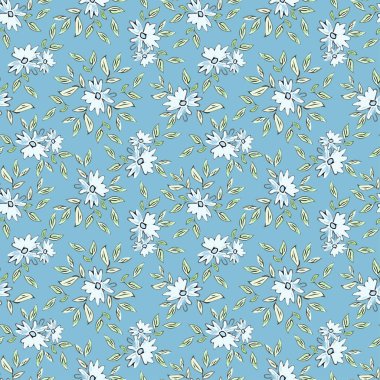 Mavi çiçekli ve mavi arka planda yeşil yapraklı kusursuz bir illüstrasyon. Çiçek babası. Kağıt ambalajlama.