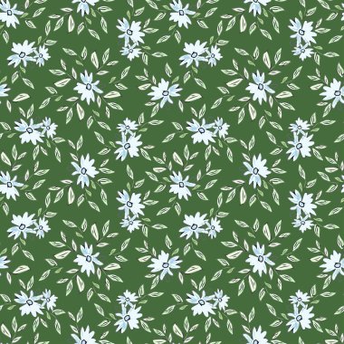 Yeşil arka planda mavi çiçekli ve yeşil yapraklı kusursuz çizimler..