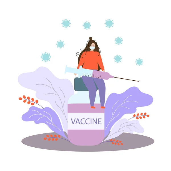 Het meisje zit op een ampul met een vaccin met een spuit. — Stockvector