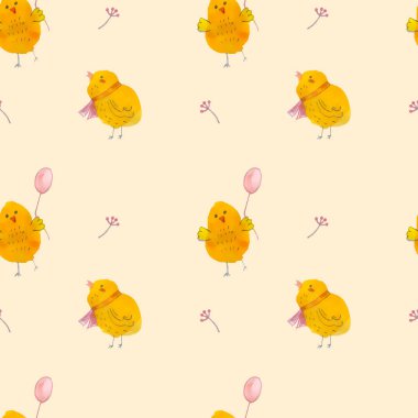 Sarı arka planda çiçekli şirin tavuklar. Kusursuz vektör çizimi. Suluboya arkaplanı.