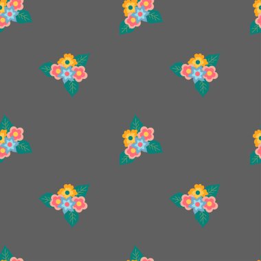 Gri arkaplanda çiçekler olan kusursuz bir illüstrasyon. Bahar çiçekleri. Vektör çizimi. Arkaplan.