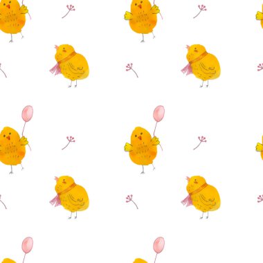 Beyaz arka planda çiçekli şirin tavuklar. Kusursuz vektör çizimi. Suluboya arkaplanı.