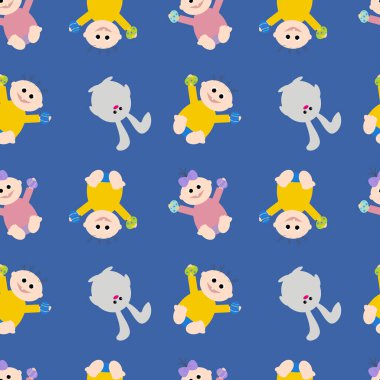 Kid holding Easter eggs on a blue background. Easter holiday. Seamless vector illustration. Background.