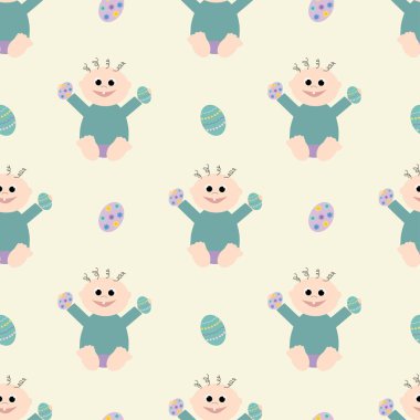 Sarı arka planda Paskalya yumurtası tutan bir çocuk. Paskalya tatili.