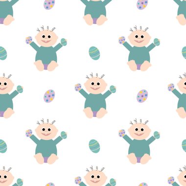 Paskalya yumurtalarını beyaz arka planda tutan bir çocuk. Paskalya tatili.