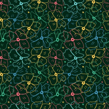 Koyu yeşil arka planda çok renkli, dikişsiz çiçekler. Vektör çizimi. Arkaplan.