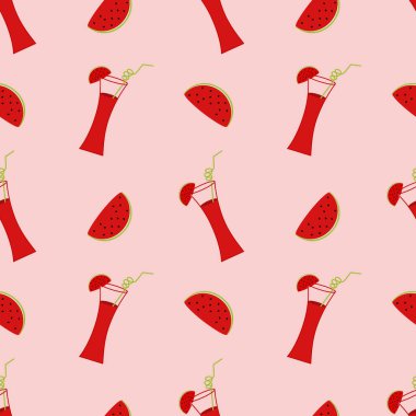 Karpuz kokteyli ve pembe arka planda karpuz dilimleri olan bir resim. Kusursuz vektör arkaplanı. Duvar kağıdı. Ekran Koruyucu.