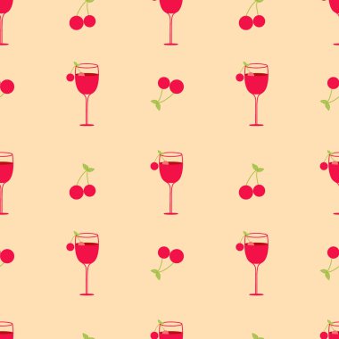 Kirazlı bir kokteyl ve kahverengi arka planda yeşil bir yaprak tasviri. Kusursuz vektör arkaplanı. Duvar kağıdı. Ekran Koruyucu.