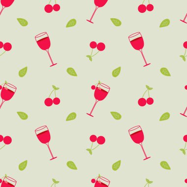 Yeşil arka planda yeşil bir yaprak ve kirazlı bir kokteyl tasviri. Kusursuz vektör arkaplanı. Duvar kağıdı. Ekran Koruyucu.