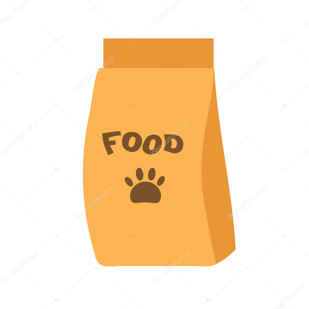 Dry food in a bag for a dog or cat. Vitamin food for pets. Shop concept. Flat isolated vector illustration. Icons.