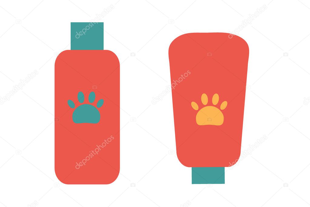 Shampoo and bplm for dog or cat hair. Accessories for pets. Shop concept. Flat isolated vector illustration. Icons.