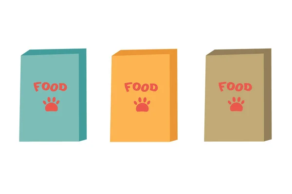狗和猫的干粮盒 含动物维生素的食物 商店概念 平面孤立的矢量图解 — 图库矢量图片