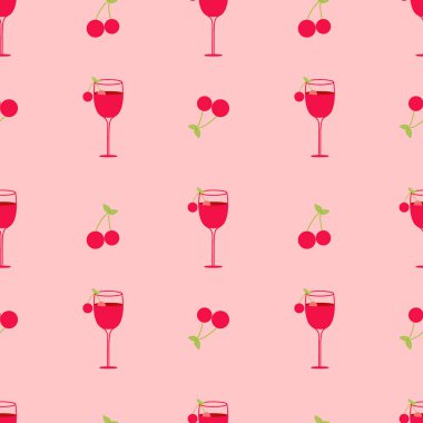 Kirazlı bir kokteyl ve pembe arka planda yeşil bir yaprak tasviri. Kusursuz vektör arkaplanı. Duvar kağıdı. Ekran Koruyucu.