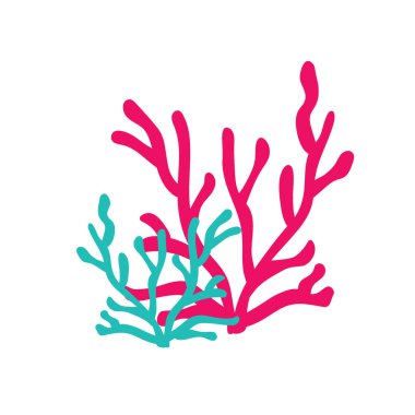 Deniz mercanları, izole bir arka planda yosunlar. Bir çeşit sualtı dünyası. Şirin düz vektör çizimi. Element veya bayrak.