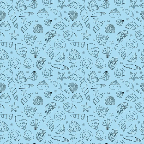 Modello Senza Cuciture Conchiglie Contorno Uno Sfondo Blu Illustrazione Doodle — Vettoriale Stock