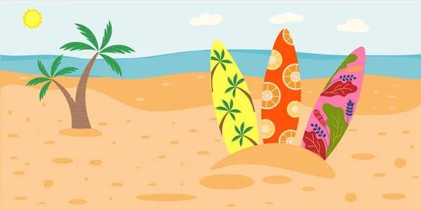 Planches Surf Colorées Dans Sable Sur Plage Sous Les Palmiers — Image vectorielle