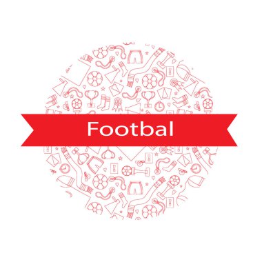 Futbol oynamak için kusursuz karalama objeleri. Davetiye kartı metnin altında. Düz vektör çizimi. Kumaş veya duvar kağıdı.