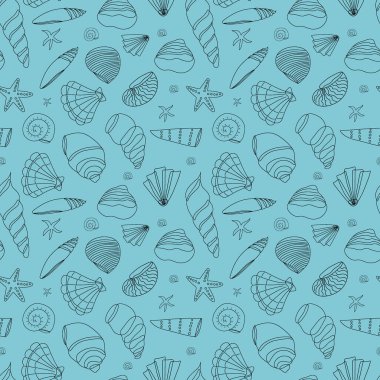 Mavi arka planda deniz kabuklarının hatları kusursuz. Karalama çizimi. Vektör arkaplanı. Duvar kağıdı veya arkaplan.