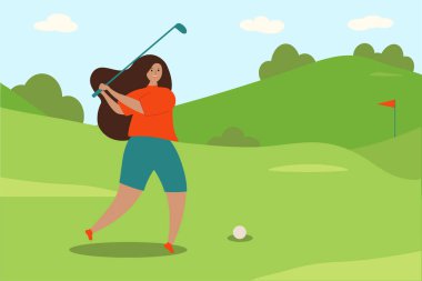 İnsanların golf oynadığı bir golf sahası tasviri. Poster. Eğlenceli açık hava sporları. Golf Kulübü. Vektör düz resimleme.