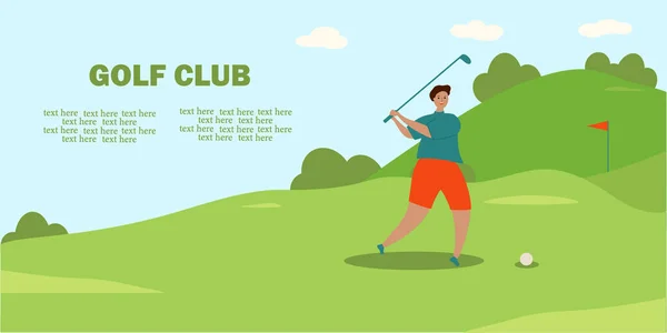 İnsanlar golf sahasında golf oynarlar. Yazı için yeri olan pankart. Eğlenceli açık hava sporları. Golf Kulübü. Vektör düz resimleme.