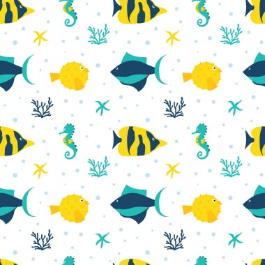 Renkli balıklı kusursuz kumaş, ay balığı ve deniz atı. Arkaplan ya da duvar kağıdı. 