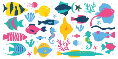 Deniz balığı, mercan ve yosun seti. İzole edilmiş beyaz arka plan. Düz resimden ayarlandı.