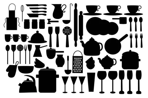 Черный Цвет Посуды Кухонной Утвари Иконки Набор Плоский Векторный Рисунок — стоковый вектор