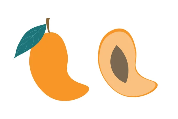 Całe Mango Kawałek Mango Białym Tle Ilustracja Wektora Płaskiego Egzotyczne — Wektor stockowy