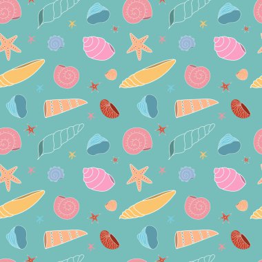 Yeşil arka planda çok renkli deniz kabukları olan pürüzsüz bir desen. Duvar kağıdı, kumaş, sıçrama ya da tekstil. Vektör illüstrasyonu.