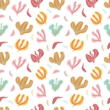 Beyaz arka planda kusursuz çalılar, dallar ve bitki yaprakları. Tekstil ürünleri ya da geçmişleri için. Vektör illüstrasyonu.