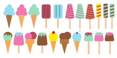 Çubukta, waffle kabında, yuvarlak, dikdörtgen, buzlu, dondurmalı dondurma. Tatlı dondurma tatlısının tasarım unsurları. Kaçamak cevap. Vektör.