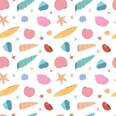 Beyaz arka planda çok renkli deniz kabukları olan kusursuz bir desen. Duvar kağıdı, kumaş, sıçrama veya tekstil. 