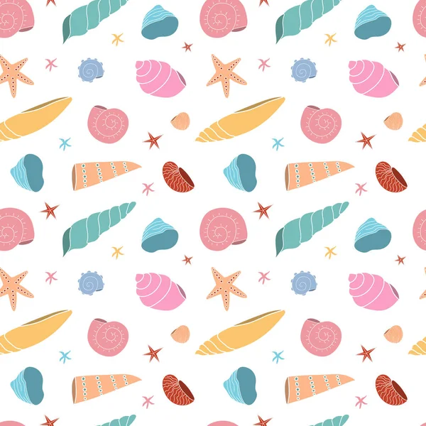 Beyaz arka planda çok renkli deniz kabukları olan kusursuz bir desen. Duvar kağıdı, kumaş, sıçrama veya tekstil. 