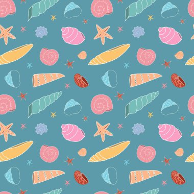 Mavi arka planda çok renkli deniz kabukları olan kusursuz bir desen. Duvar kağıdı, kumaş, sıçrama ya da tekstil. Vektör illüstrasyonu.