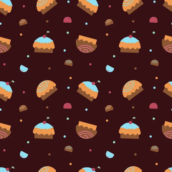 Naadloze Textiel Illustratie Met Elementen Van Snoep Zoete Gebak Cupcakes — Stockvector