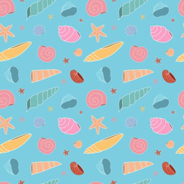 Mavi arka planda çok renkli deniz kabukları olan kusursuz bir desen. Duvar kağıdı, kumaş, sıçrama ya da tekstil. Vektör illüstrasyonu.
