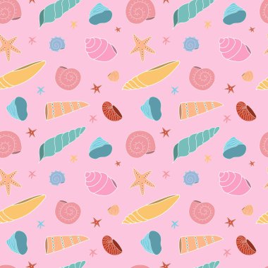 Pembe arka planda çok renkli deniz kabukları olan kusursuz bir desen. Duvar kağıdı, kumaş, sıçrama ya da tekstil. Vektör illüstrasyonu.