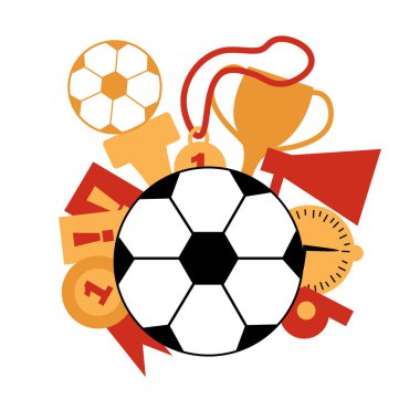 A soccer ball with a prize cup, medal, prizes, loudspeaker, cards, whistle and clock. Soccer game attributes for postcard, logo or design. Flat illustration. Vector. clipart