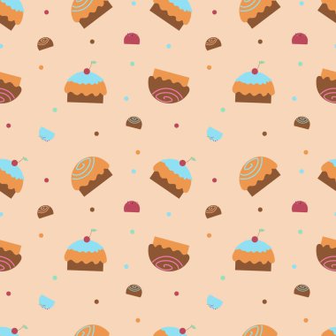Şekerleme, tatlı, çörek, çörek ve sarı arka planda şekerleme unsurları olan kusursuz tekstil çizimleri. Kumaş veya duvar kağıdı için arka plan. Düz vektör illüstrasyonu.