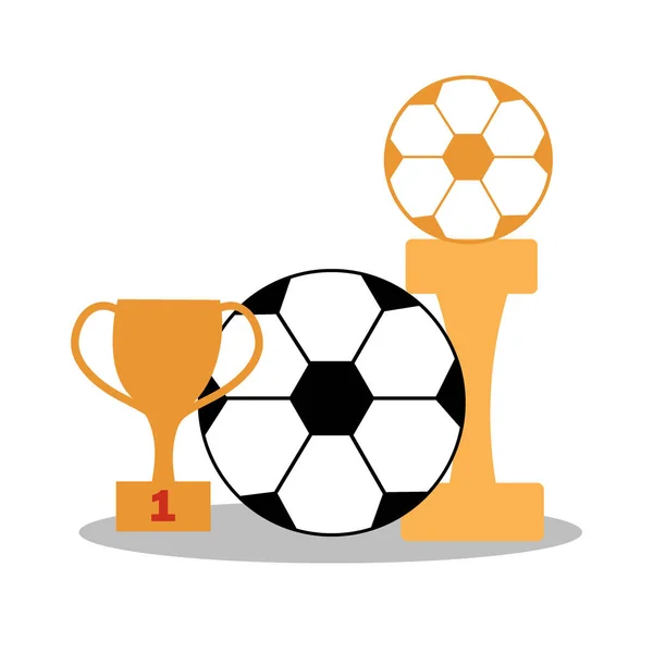 有奖杯和获胜者雕像的足球 足球运动的特点 明信片 标志或设计 平面插图 — 图库矢量图片