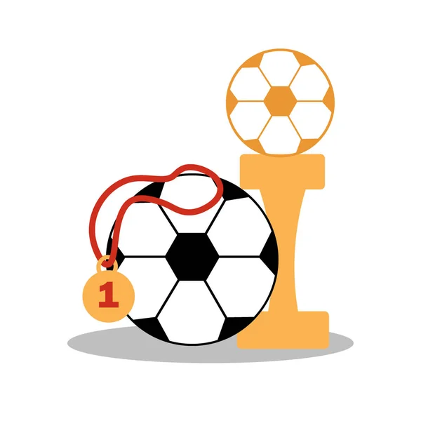 有奖牌和冠军的雕像 Sfootball Ball Medal Statuette Winner Championship 足球运动的特点 明信片 标志或设计 — 图库矢量图片