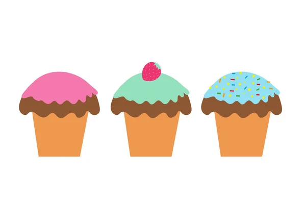 Egy sor muffin színes cukormázzal és bogyókkal, elszigetelt háttérrel. Teaidő. Desszert. Tervező elemek. Egészségtelen étel. Vektor. — Stock Vector