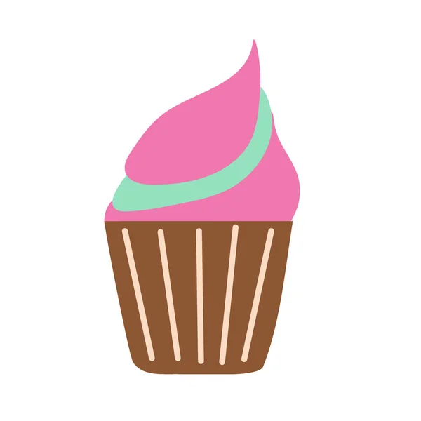 Farbige Cupcake in einer Schüssel mit rosa Creme auf einem isolierten Hintergrund. Desserts backen. Teezeit. Designelemente. Ungesunde Ernährung. Flache Illustration. — Stockvektor