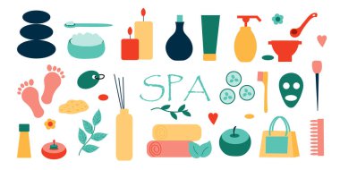 Rahatlatıcı spa seti. Spa malzemeleri için aksesuarlar ve denizaltının bakımı. Düz illüstrasyon. Vektör.