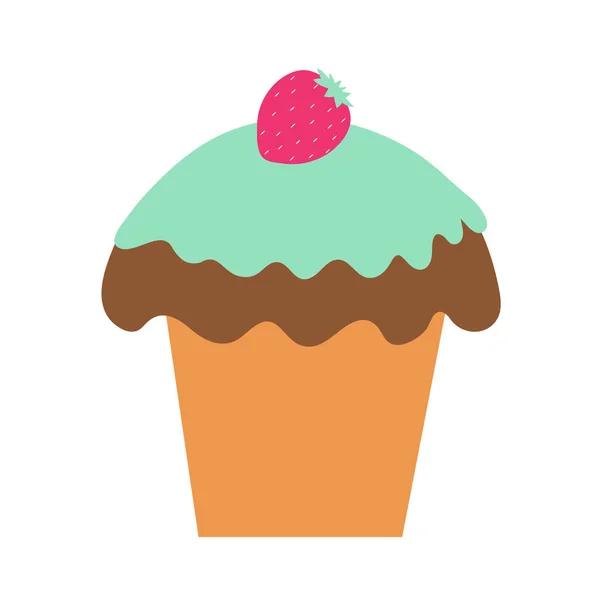 Köstliche Cupcake mit grünem Zuckerguss mit Erdbeeren auf einem isolierten Hintergrund dekoriert. Dessert backen. Teezeit. Designelemente. Ungesunde Ernährung. Flache Illustration. — Stockvektor