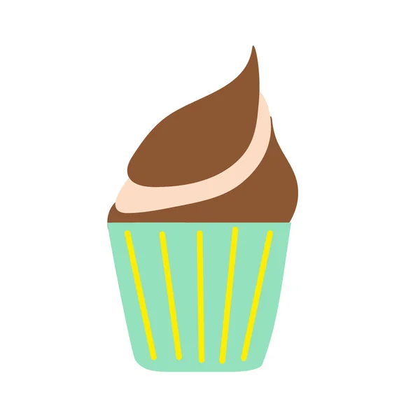 Bolo colorido em um cupcake com creme de chocolate em um fundo isolado. Sobremesas para assar. Hora do chá. Elementos de design. Comida pouco saudável. Ilustração plana. — Vetor de Stock