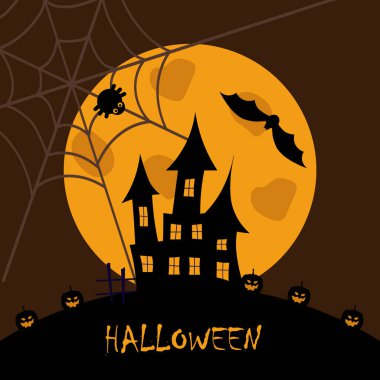 Balkabaklarıyla çevrili büyük bir ayın arkasındaki hayalet şato. Cadılar Bayramı. Bir kartpostal, poster ya da el ilanı tasarla. Görüntü.