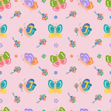 Şirin kelebekleri ve çiçekleri olan kusursuz çizimler. Çizgi film karakteri. Kumaş, duvar kağıdı veya ambalaj kağıdı taşıyıcısı.