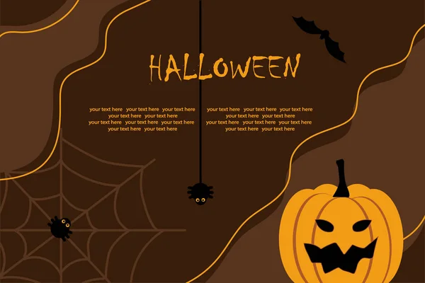 Halloween-Feiertag. Vorlage mit Kürbis, Spinnweben und Spinnen für Hintergrund, Postkarte oder Banner. Flache Illustration. — Stockvektor